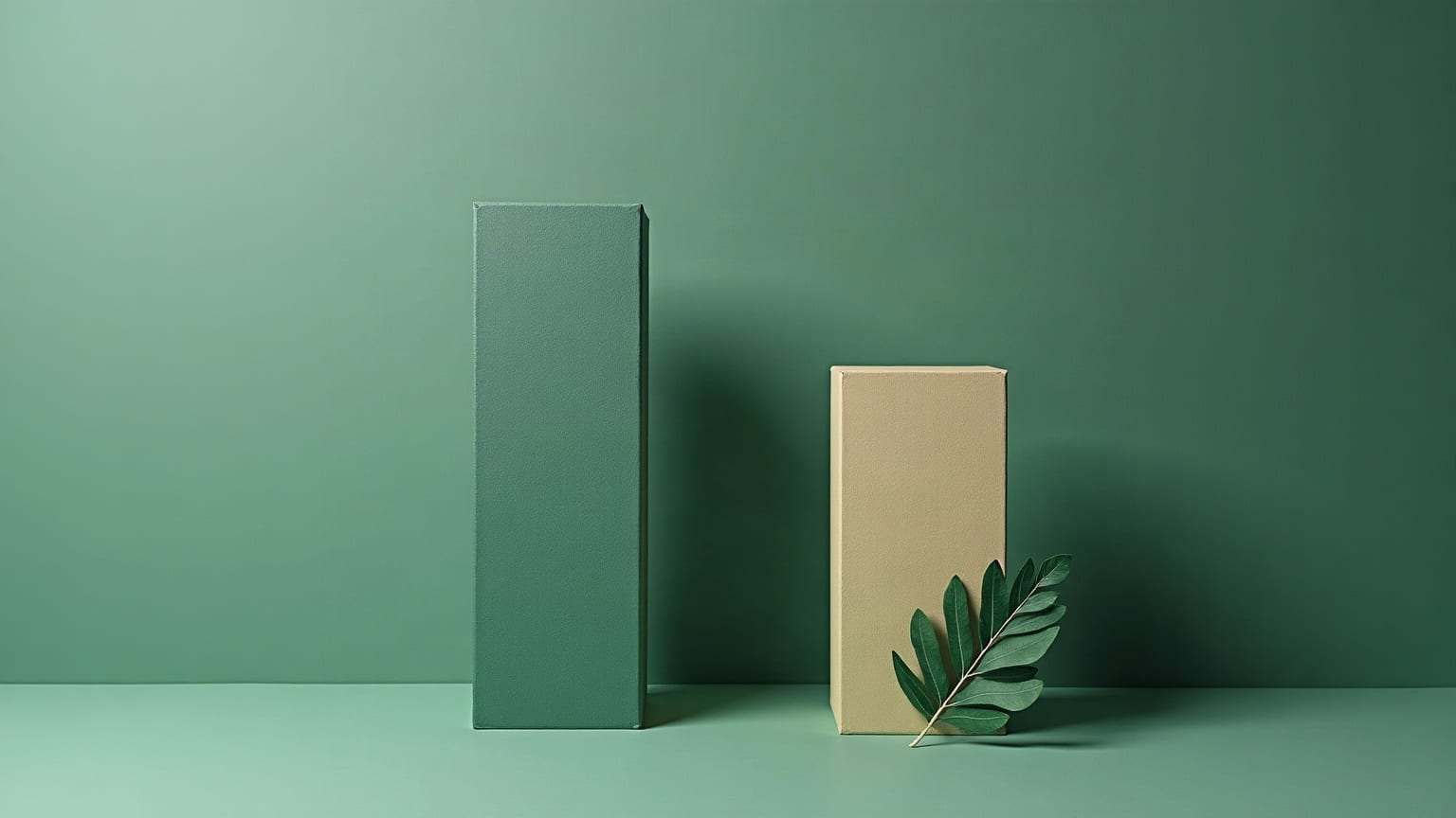A tall paper column beside a much shorter one of the same width, a leaf leaning against the base of the shorter