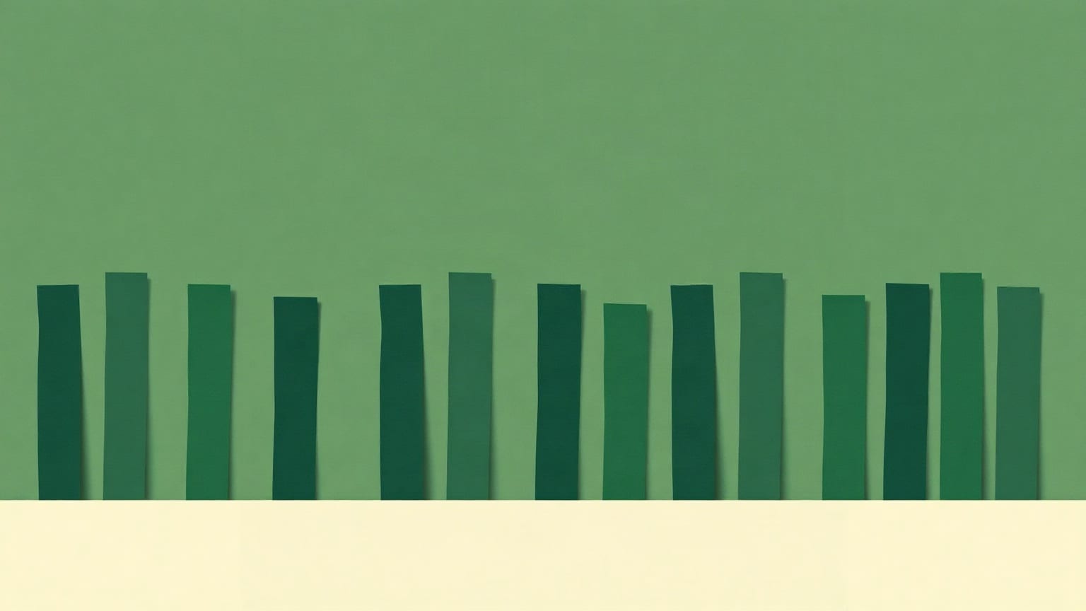 A row of narrow paper bars of differing heights and three green tones, standing along a cream band on a green ground
