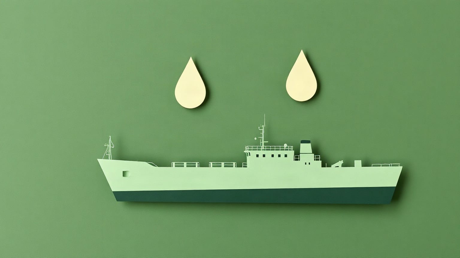 A simple sage paper ship hull on a deep green ground with two cream fuel droplets above it, one larger than the other