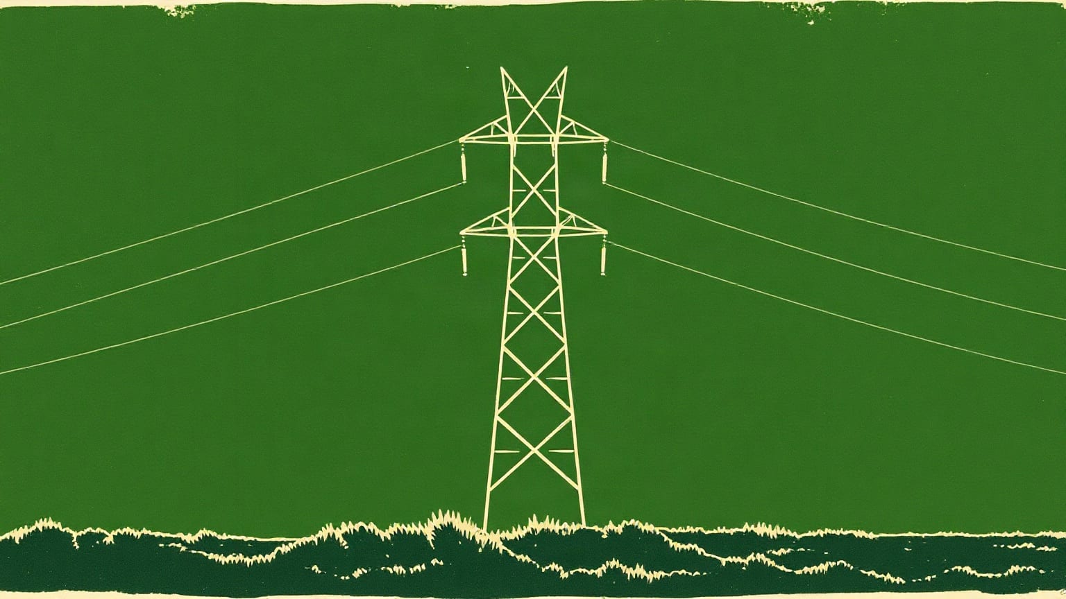 A linocut of one electricity pylon on a green ground, its cables running out to both edges of the frame