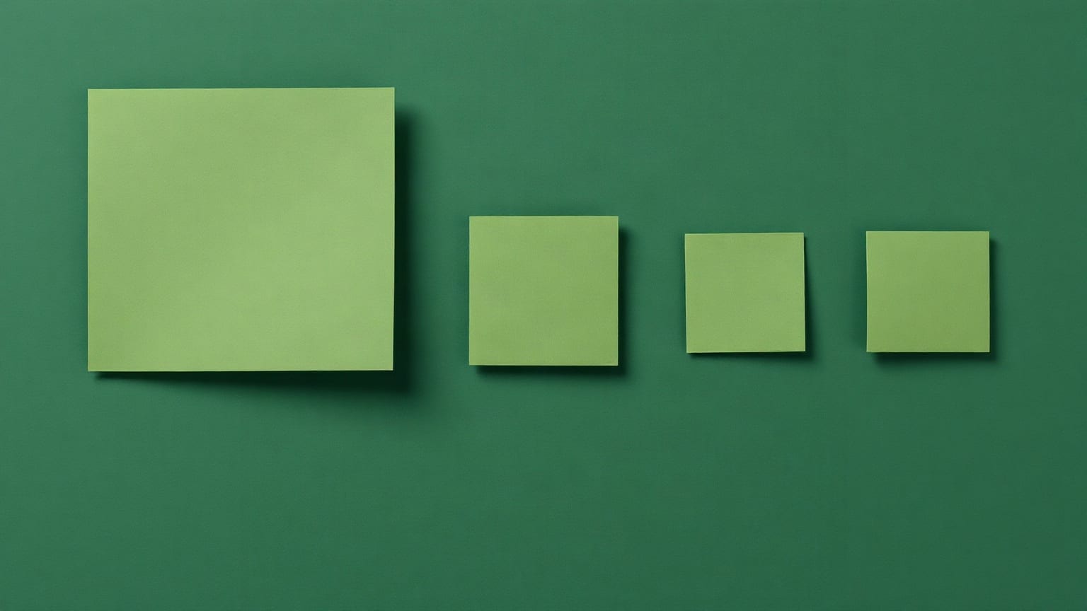 A large sage paper square on a deep forest green ground beside three smaller moss squares of decreasing size, a warm cream line beneath them all