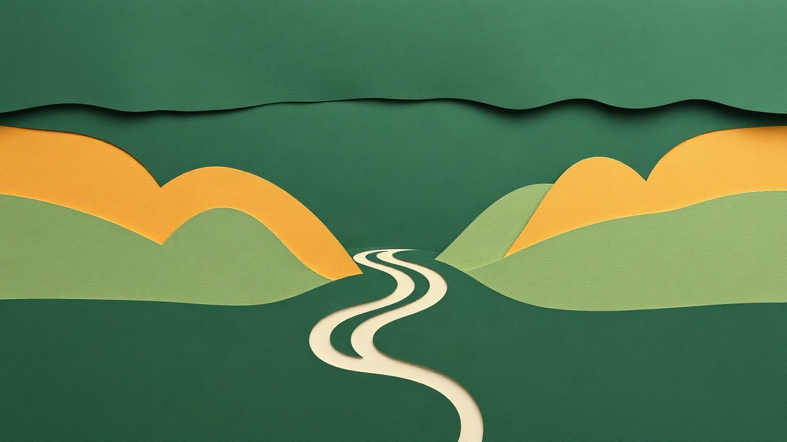 A pale cream stream winding between layered green and amber paper hills on a deep green ground