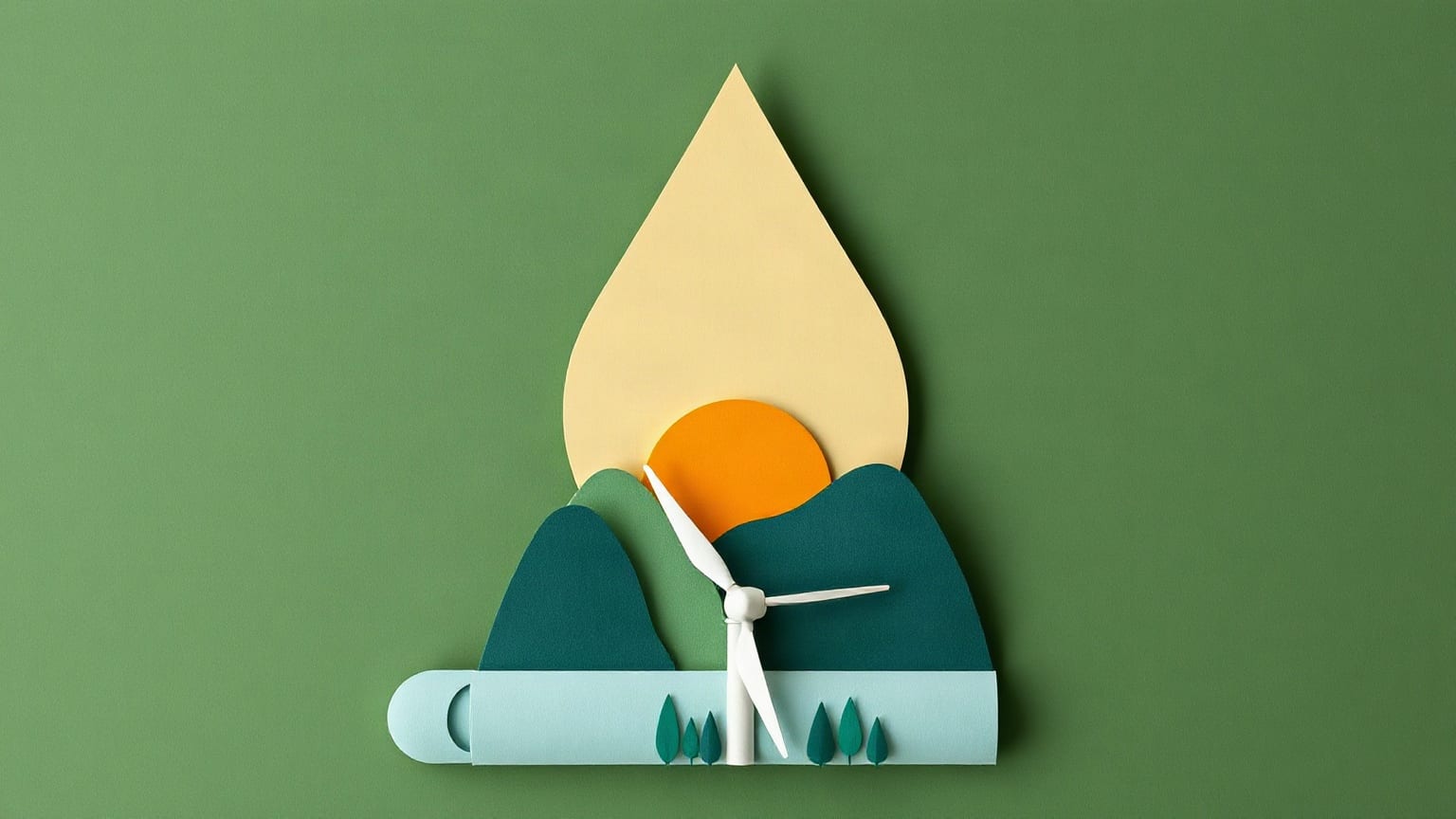 A water droplet overlapping a sun disc, with turbine blades and hills in layered paper below