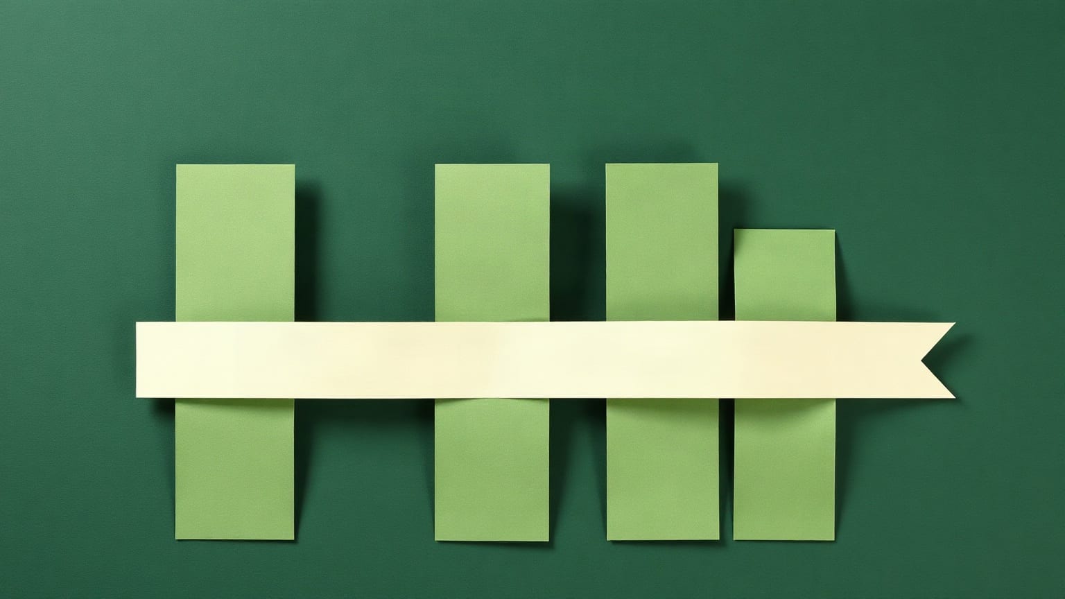 Four sage paper columns of increasing height on a deep forest green ground, a cream band tying their tops together